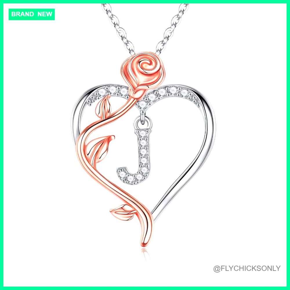 925 Sterling Silver Rose Heart Initial Necklace With Cubic Zirconia